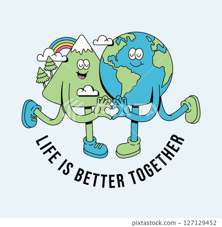 earth and mountain retro cute illustration 127129452