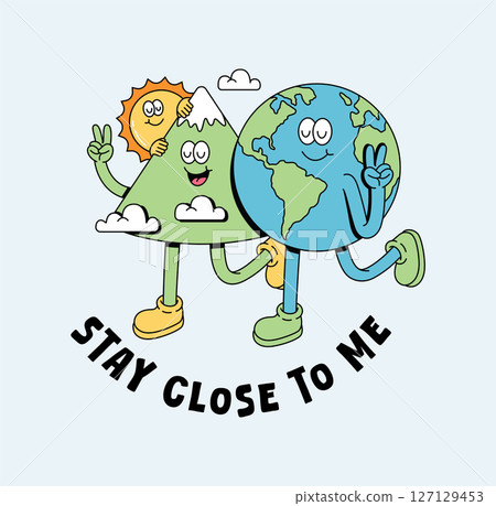 earth and mountain together retro cute illustration 127129453