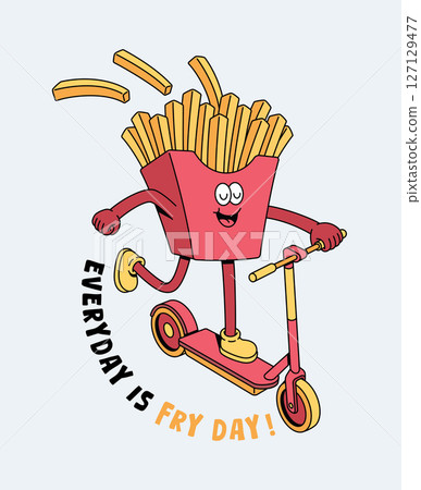 French fries riding a kick scooter retro cute illustration French fries riding a kick scooter retro cute illustration 127129477