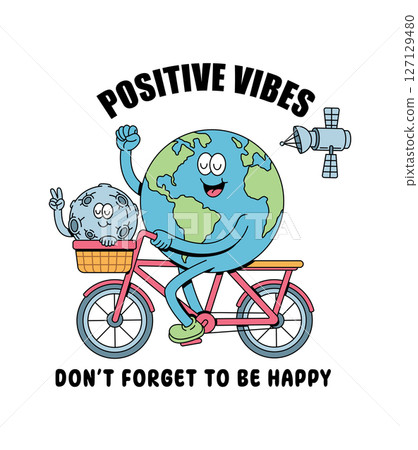 moon and earth riding a bicycle retro cute illustration 127129480