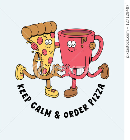 pizza and coffee retro cartoon illustration 127129487