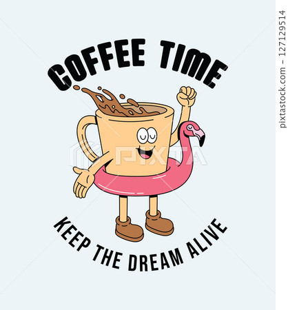 coffee flamingo float retro cartoon illustration 127129514