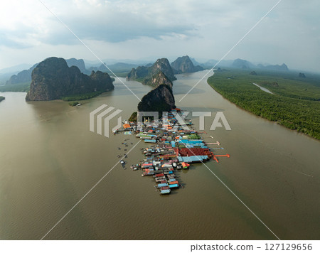 Aerial view of Panyee island in Phang Nga Thailand,Wide angle landscape Floating village, Koh Panyee fishing village island in Phang Nga, Thailand. 127129656