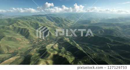 Aerial view of a mountainous area brimming with greenery | A spectacular sight that gives a sense of the vastness of nature and healing 127129733