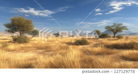 乾燥的土地和藍天交織的稀樹草原景觀 | 壯觀的景象捕捉了大自然的廣闊與寧靜 乾燥的土地和藍天交織的稀樹草原景觀 | 壯觀的景象捕捉了大自然的廣闊與寧靜 127129778