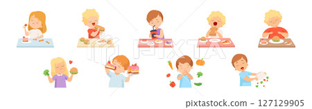 Children Enjoying Eating Fast Food and Hate Vegetable Vector Illustration Set 127129905