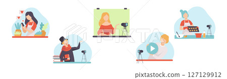 Video Tutorials with Man and Woman Blogger Streaming Vector Set 127129912