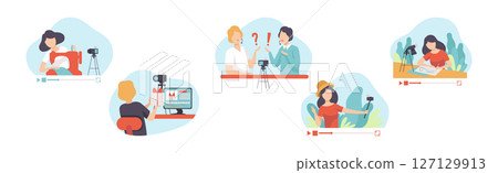Video Tutorials with Man and Woman Blogger Streaming Vector Set 127129913
