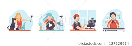 Video Tutorials with Man and Woman Blogger Streaming Vector Set 127129914