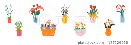 Bouquet of Flowers Stand in Pot and Vase Vector Set 127129916