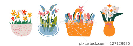 Bouquet of Flowers Stand in Pot and Vase Vector Set Bouquet of Flowers Stand in Pot and Vase Vector Set 127129920