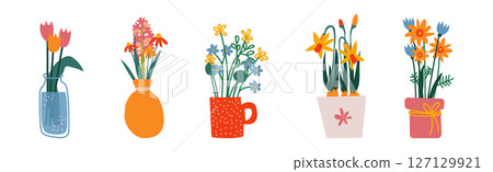 Bouquet of Flowers Stand in Pot and Vase Vector Set 127129921