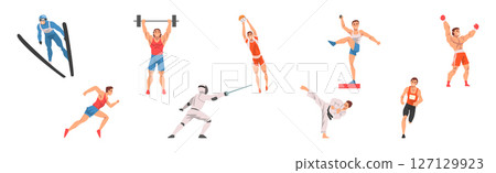 Man Athlete Do Different Sport and Physical Activity Vector Set 127129923