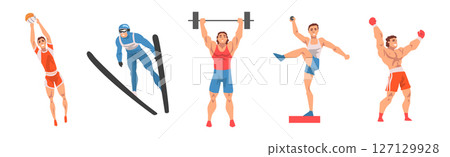 Man Athlete Do Different Sport and Physical Activity Vector Set 127129928