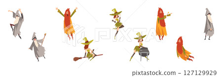 Bearded Man Wizard and Woman Witch Vector Set 127129929