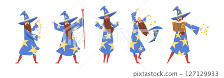 Bearded Man Wizard in Pointed Hat Vector Set Bearded Man Wizard in Pointed Hat Vector Set 127129933