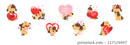 Funny Dog Greeting with Valentine Day with Heart Vector Set 127129947