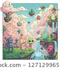 水邊和櫻花旁的各種人物插圖 127129965