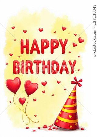 Happy birthday card with hearts and balloons. 127130345