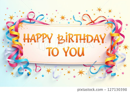 Colorful birthday card with ribbons and stars. 127130398