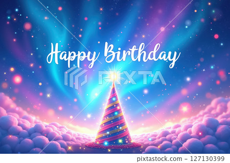 Happy Birthday illustration with party hat and stars. 127130399