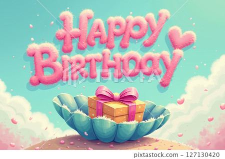 Happy birthday text with gift in a seashell. 127130420