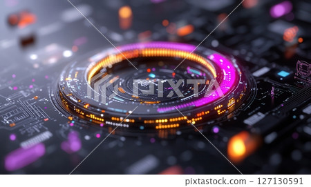 Futuristic neon circuit spiral with vibrant orange and purple lights on a black microchip surface. Robotics and automation 127130591
