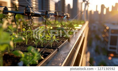 Modern urban agriculture, drones monitoring young green plants on a rooftop garden in a vibrant cityscape at sunset. Robotics and automation 127130592