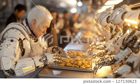 Elderly caucasian male and robots collaboratively preparing food in a modern kitchen, highlighting the intersection of technology and human cuisine. Robotics and automation 127130623
