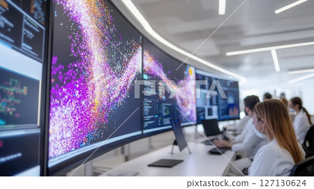 Female caucasian data analyst working in a modern control room, examining colorful data visualizations on large curved screens in high-tech setting. Robotics and automation 127130624