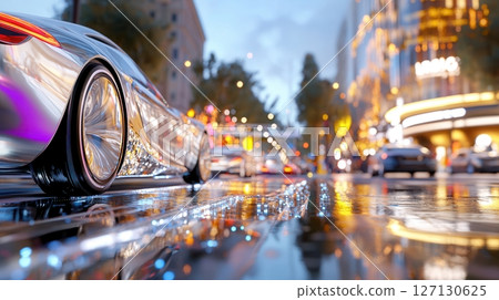 Sleek silver sports car gliding through a vibrant cityscape at dusk with reflections on wet pavement and colorful urban lights creating a dynamic scene. Robotics and automation Sleek silver sports car gliding through a vibrant cityscape at dusk with reflections on wet pavement and colorful urban lights creating a dynamic scene. Robotics and automation 127130625
