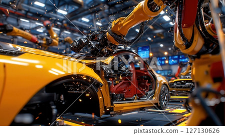 Automated robotic assembly line in modern auto factory with yellow car and sparks flying, highlighting technological precision and efficiency. Robotics and automation 127130626