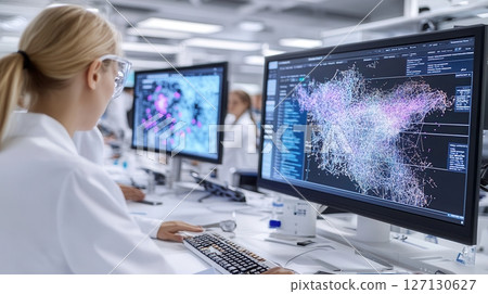 Female scientist analyzing complex data visualization on large screens in modern lab setting with precision and technology focus. Robotics and automation 127130627