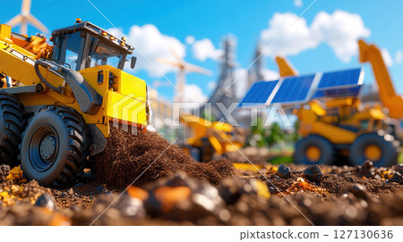 Bright yellow bulldozer and solar-powered machinery in a sunny construction site with blue skies and vibrant equipment enhancing sustainable building. Robotics and automation 127130636