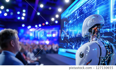 Futuristic robotics conference, male audience engaging with advanced artificial intelligence demonstration featuring humanoid robot technology. Robotics and automation 127130655