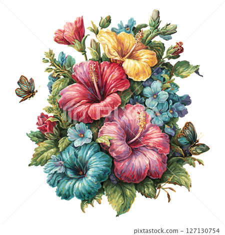 Beautiful colorful hibiscus flower bouquet with blue flowers and butterflies, vibrant and lively floral arrangement in nature 127130754