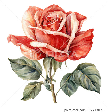 Detailed watercolor illustration of red and cream rose with green leaves, showcasing delicate petals and natural beauty in soft colors 127130759