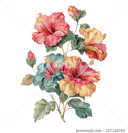 Beautiful hibiscus flower bouquet with vibrant red, yellow, and blue petals and lush green leaves on transparency background 127130764