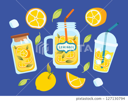 Lemonade icon mini set on blue background. Whole and slices of lemon. Different glasses for drinks. Ice cubes and green leaves. For bar, cafe, menu decoration, cocktail, sticker. Vector illustration. 127130794