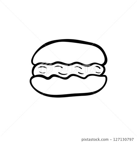 Macaron with cream in simple hand drawn doodle style. Sweet pastry outline icon. Cute minimalist doodle vector illustration. Great for dessert packaging, cafe menus, and sweet branding. Macaron with cream in simple hand drawn doodle style. Sweet pastry outline icon. Cute minimalist doodle vector illustration. Great for dessert packaging, cafe menus, and sweet branding. 127130797