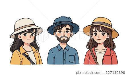 Three adult men and women wearing hats - Stylish portrait illustration Three adult men and women wearing hats - Stylish portrait illustration 127130898