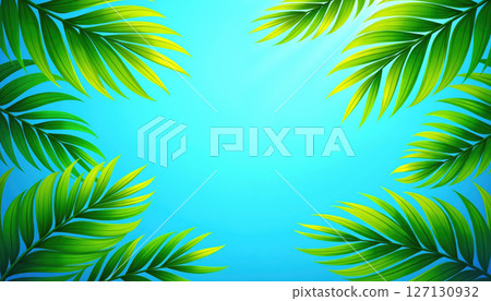Tropical leaves on blue background. 127130932