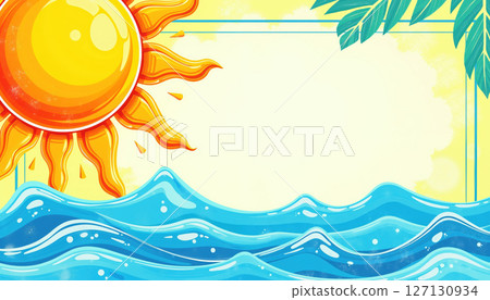 Bright sun over waves illustration. 127130934