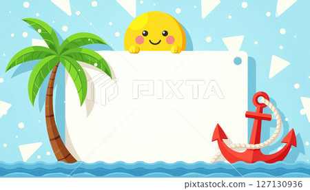 Tropical beach scene with palm tree, sun, and anchor. 127130936
