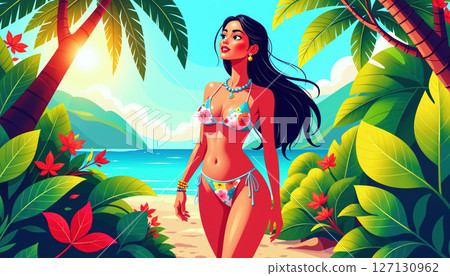 Tropical woman walking on beach. 127130962