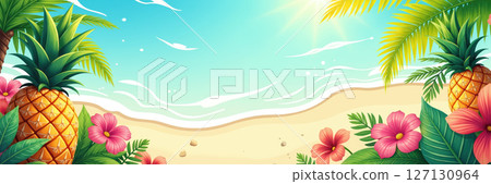 Tropical beach scene with pineapples and flowers. 127130964