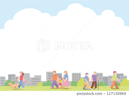沿著河岸散步的人們的城市景觀插圖 127130969