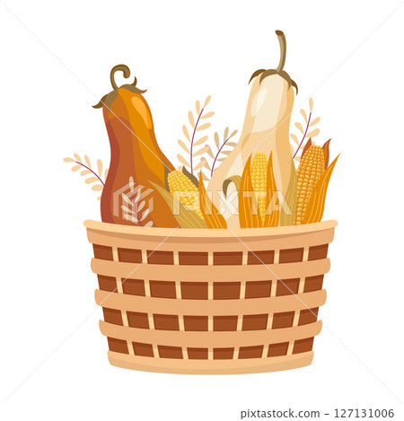 Basket autumn harvest icon. Grocery products in eco basket. Fresh organic healthy vegetarian food. Wicker baskets with autumn harvest of vegetables isolated on white Basket autumn harvest icon. Grocery products in eco basket. Fresh organic healthy vegetarian food. Wicker baskets with autumn harvest of vegetables isolated on white 127131006