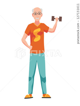 Elderly people hobby. Healthy and active lifestyle. Old or senior people spending leisure time. Grandfather does sports. Flat vector illustration isolated on white background 127131011