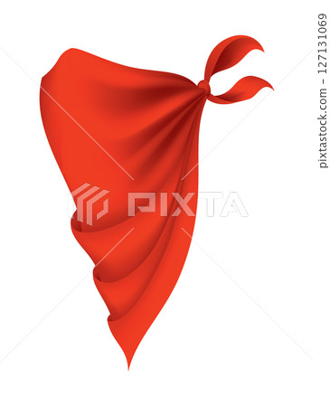 Red realistic bandana on neck. Youth fashion neck scarf or cowboy garment element template. Biker face scarf, bandanna neck shawl. Blank handkerchief unisex uniform. Western clothes 127131069
